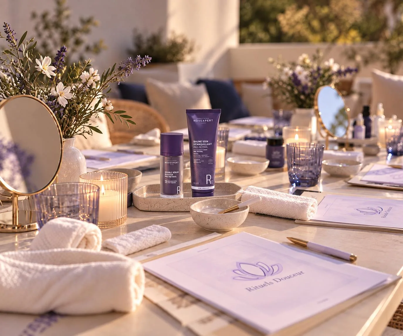 Une table d’atelier dressée sur la terrasse : miroirs, bougies, serviettes, soins Novexpert et carnets Rituels Douceur.